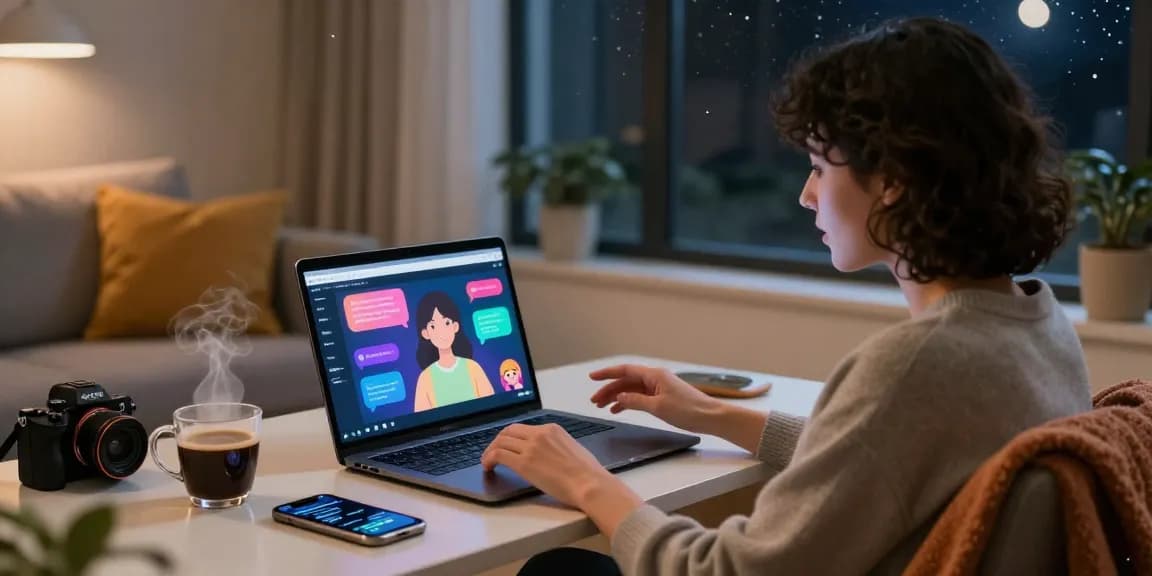 Engaging chat with an AI girlfriend in a cozy home office setting, emphasizing personal connection.