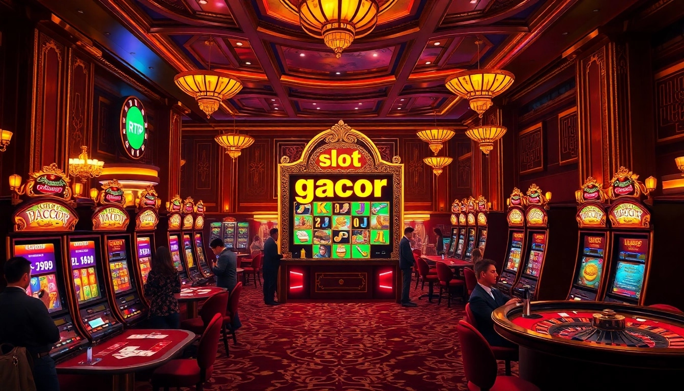 Experience the thrill of slot gacor gambling with vibrant casino scenes featuring lively players and winning machines.
