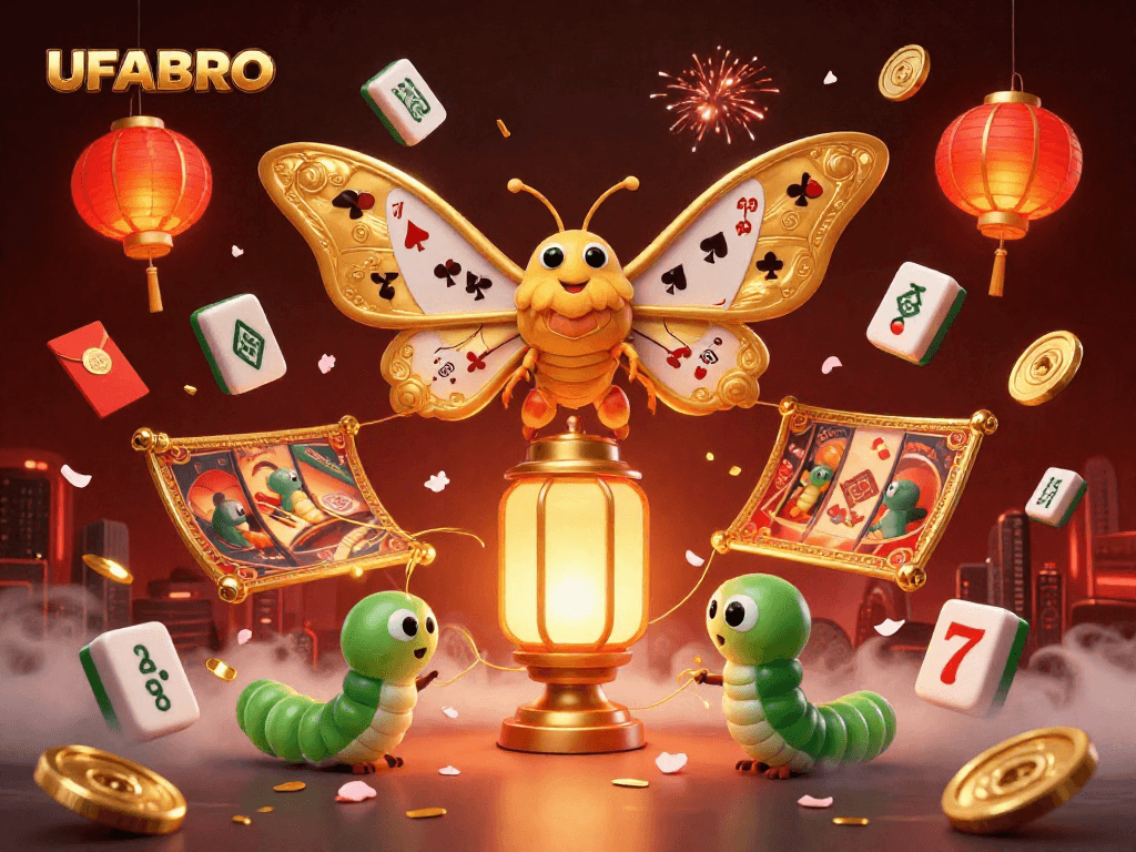 Experience winning at UFABRO with an enchanting illustration of a golden moth over dynamic casino scenes.