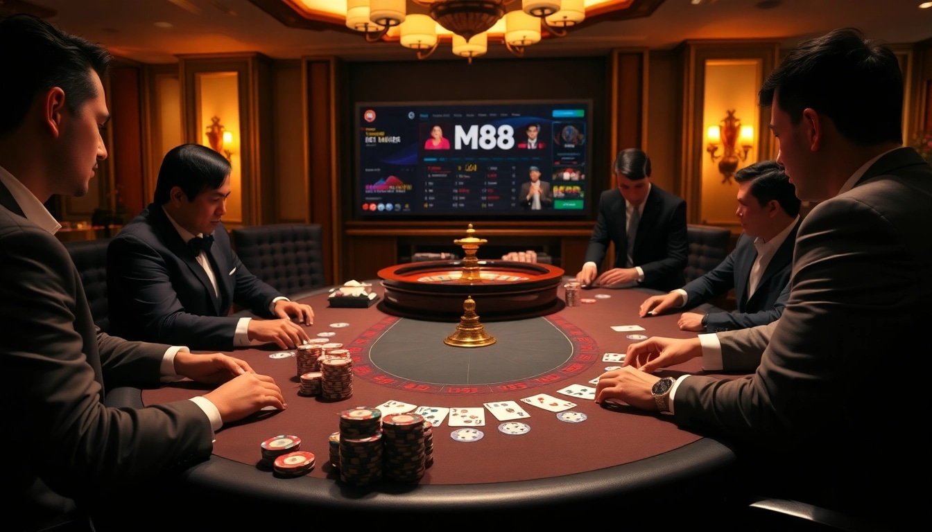 Players engaging in high-stakes poker at M88 casino, showcasing luxury and excitement in gambling.