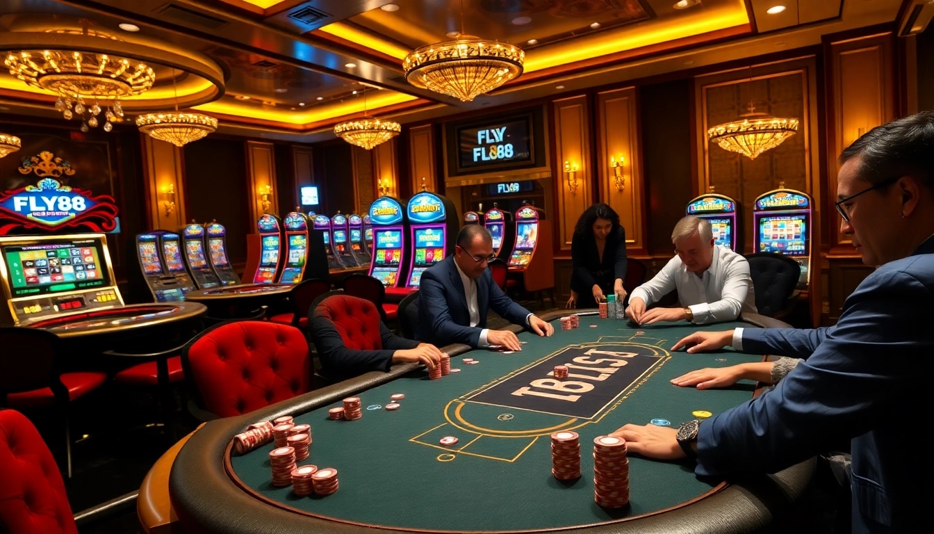 FLY88 branded poker tables bustling with excitement in a luxurious casino setting.