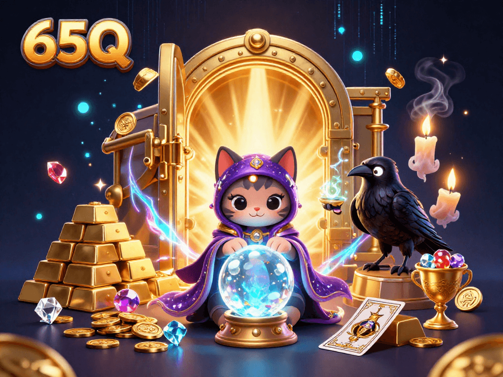 Explore o 65Q com uma gata mística e cartas de tarô em um cenário de cassino vibrante.