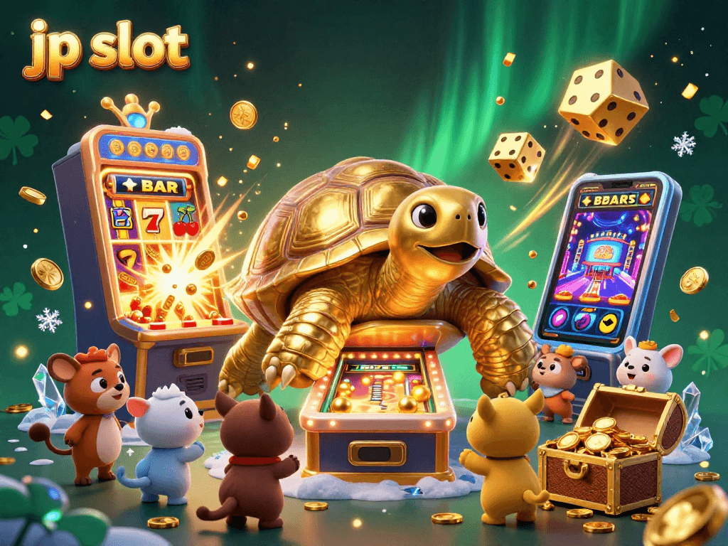 Engage in jp slot excitement with a vibrant 3D casino illustration featuring a colossal golden tortoise and thrilling game elements.