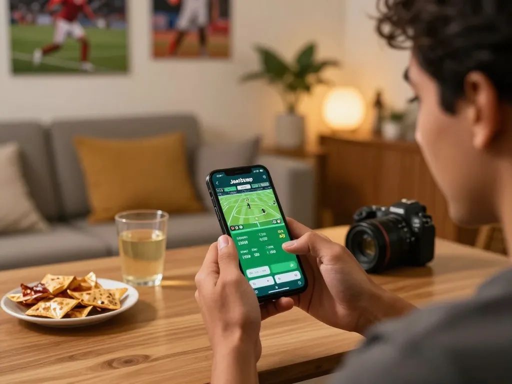 Player using the Jeetbuzz App on a smartphone for live sports betting at home, showing excitement during a game.
