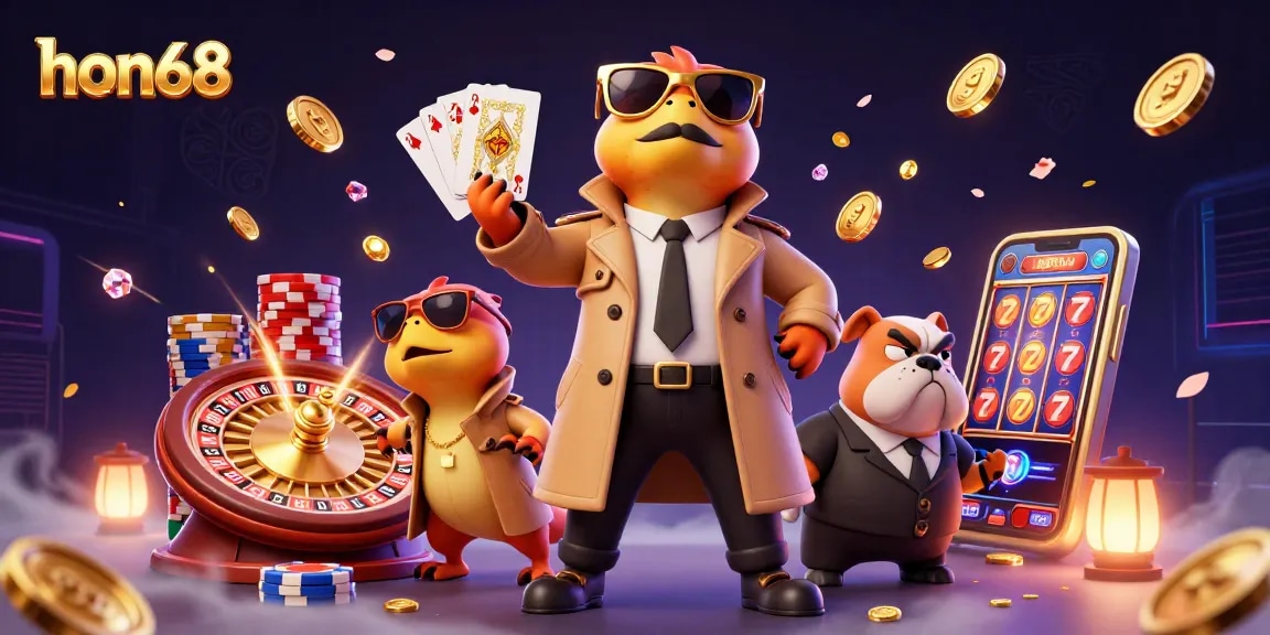 Experience the thrill of hon68 with three raptors in a trench coat at a vibrant casino scene.
