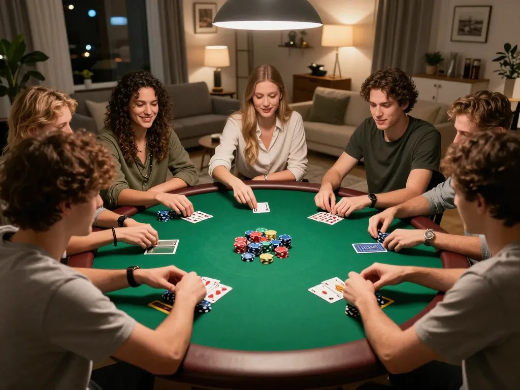 Friends enjoying a poker night at home, showcasing the strategic fun of taisunwin in a cozy setting