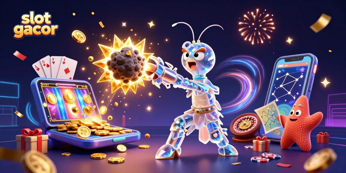 Slot gacor menampilkan samurai mantis berwarna cerah dan banyak koin emas yang jatuh.