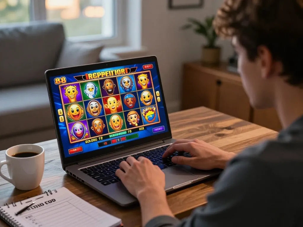 Engaging in a thrilling slot88 gaming session on a laptop, showcasing vibrant visuals and strategy notes.