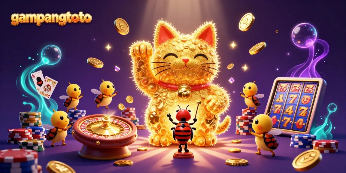 Play with luck on gampangtoto as a lucky cat and golden fireflies surround festive casino symbols.