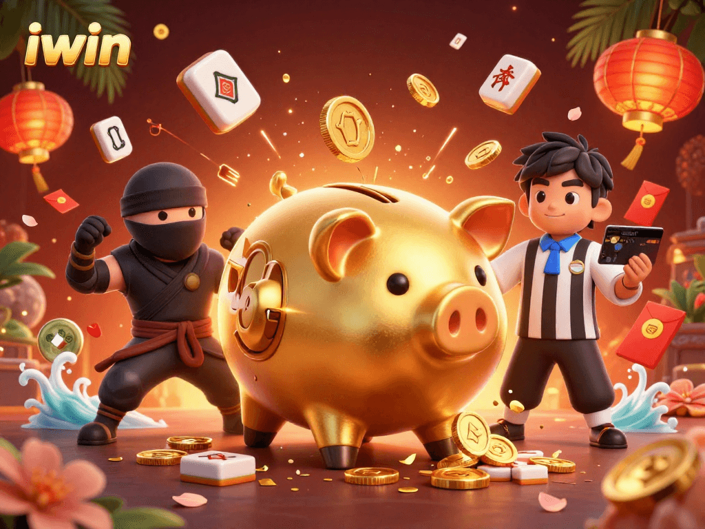 iwin features a spirited gaming showdown with a golden piggy bank wrestler surrounded by festive casino elements.