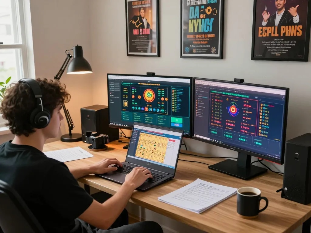 Engaging in lô đề strategies at a stylish home office with a laptop setup, capturing excitement of online gambling.