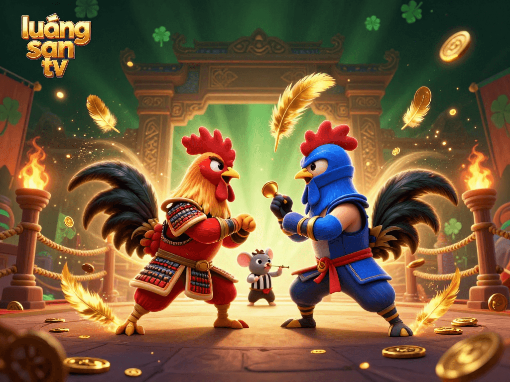 Lương sơn tv showcases twin fighting roosters in a dynamic standoff, surrounded by gambling-themed elements.