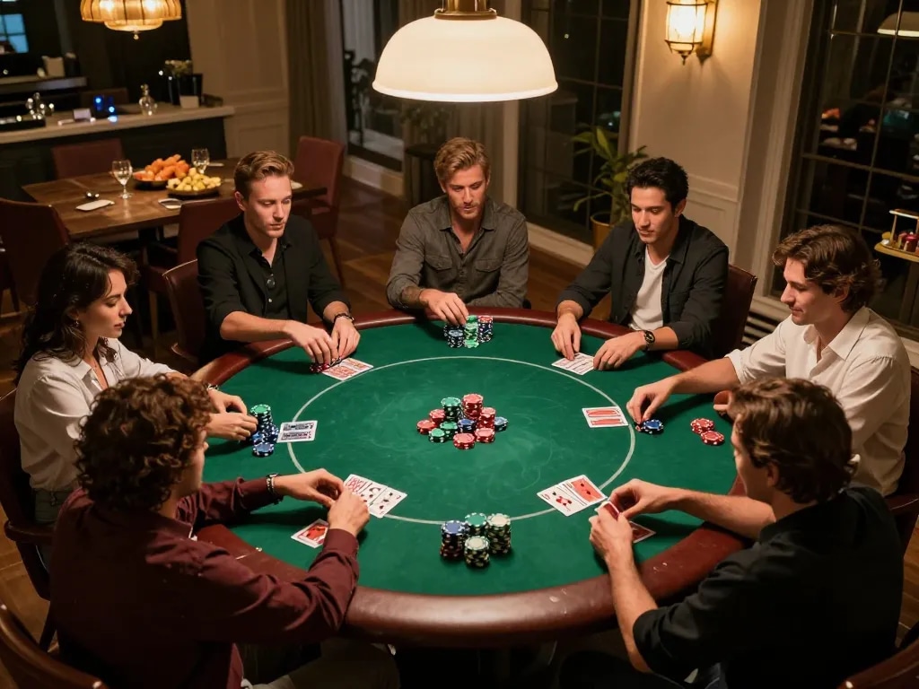 Friends enjoying a poker game night at home, highlighting casinos not on gamstop in a cozy atmosphere.