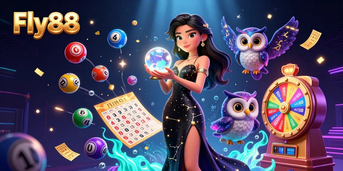 Experience the exhilarating gaming world of Fly88 with vibrant gambling elements, featuring a mystical woman and dynamic visuals.