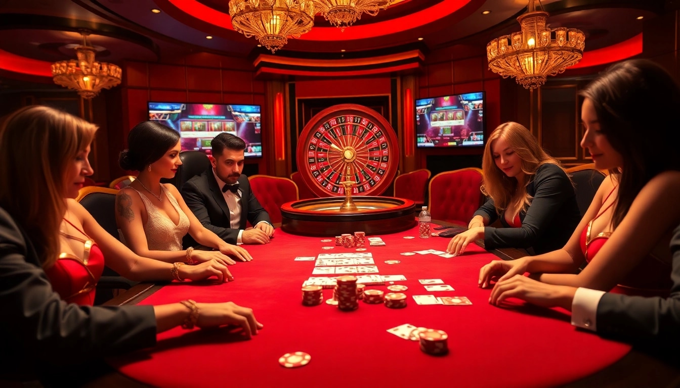 Engaging atmosphere of a poker game at https://okwin.blog/, showcasing intense players and vibrant casino elements.