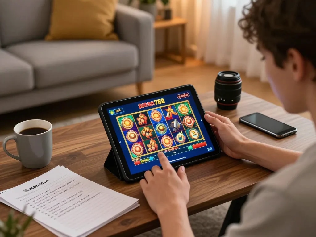 Orang yang bermain aman788 slot gacor di tablet dalam suasana rumah yang nyaman, catatan strategi terlihat