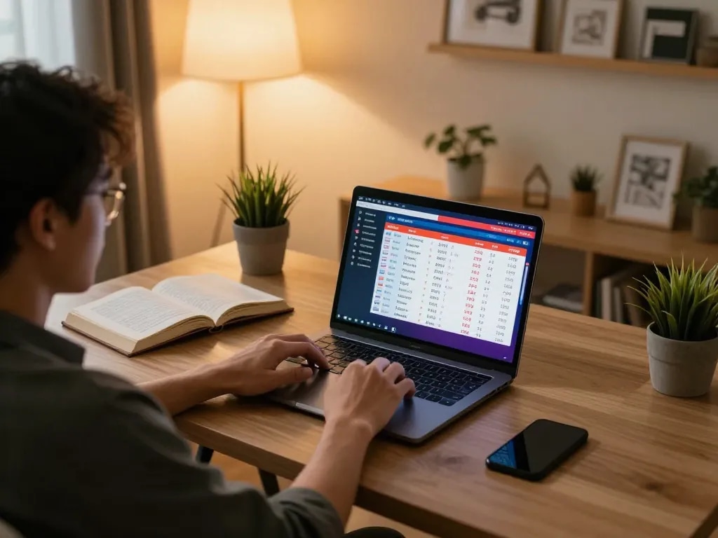 Engaging in online toto sgp gaming at a cozy home office, focusing on live draw numbers.
