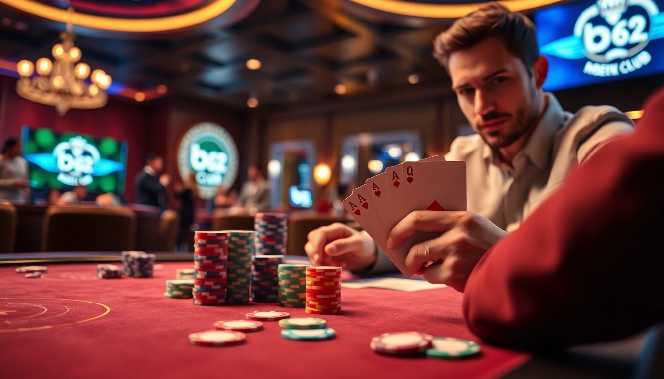 Gamer at a poker table enjoying the b52 club experience with vibrant chips and cards.