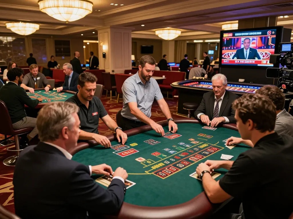 Players enjoying the kp88 game at a lively casino, showcasing strategic gameplay and celebratory moments.