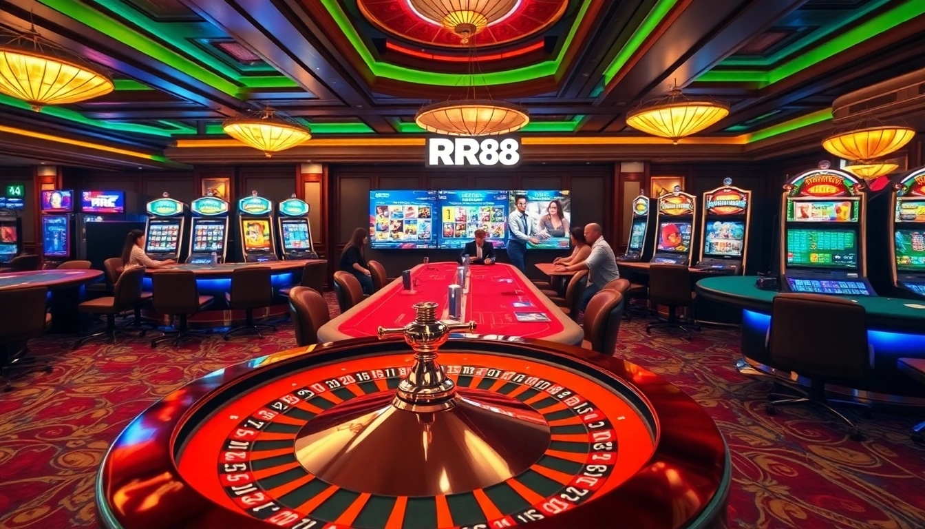 Engaging in a thrilling gaming experience at https://rr88sn.com/ with poker chips and vibrant casino tables.
