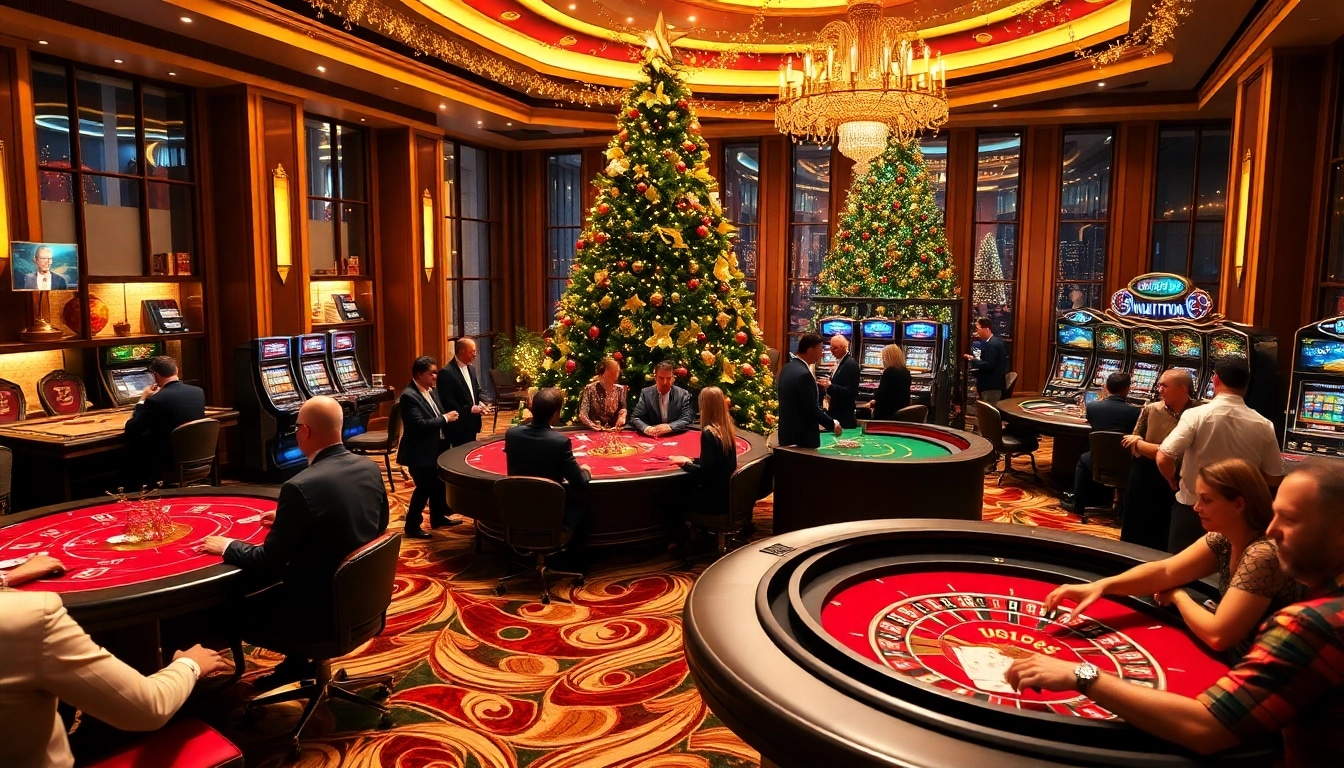 The festive casino atmosphere at https://789wins1.net/ features players enjoying poker amidst Christmas decorations and vibrant gaming elements.