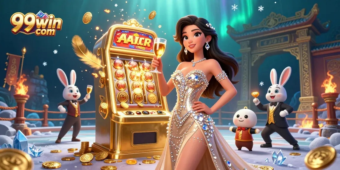 Win big at 99win com with a stunning jackpot scene featuring a glamorous woman and cartoon dealer.