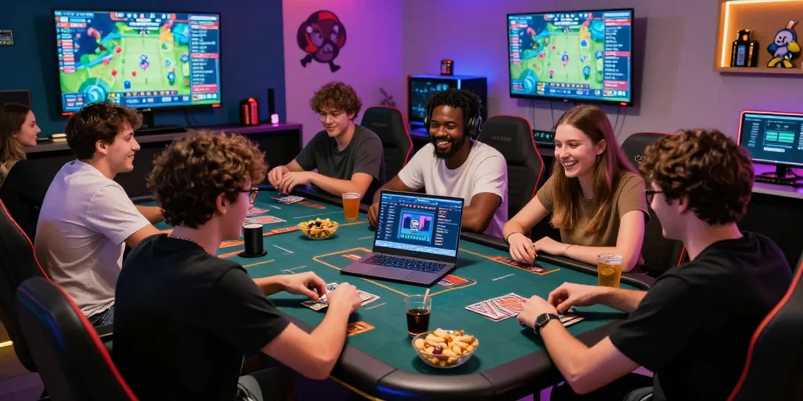 Exciting gaming lounge scene showcasing players enjoying card games and gaming devices at gamebaidoithuong.is