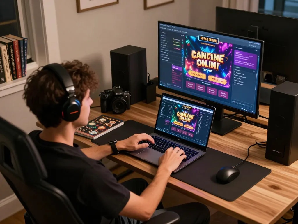 Engaging in Canadian online casinos with a laptop displaying gaming options and strategy notes
