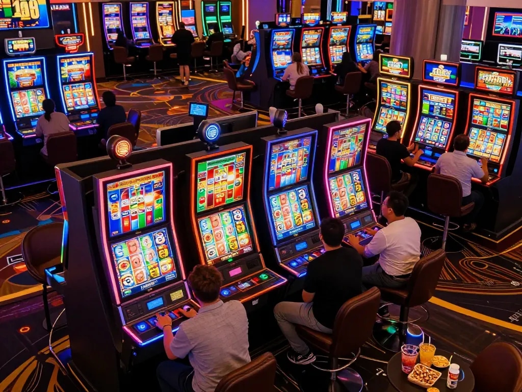 Players enjoying vibrant slot 4D machines in a busy casino, highlighting excitement and engagement.