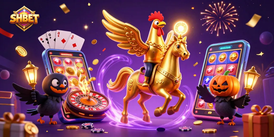 Experience a thrilling moment at SHBET, with a golden rooster and friends amidst casino games and excitement.