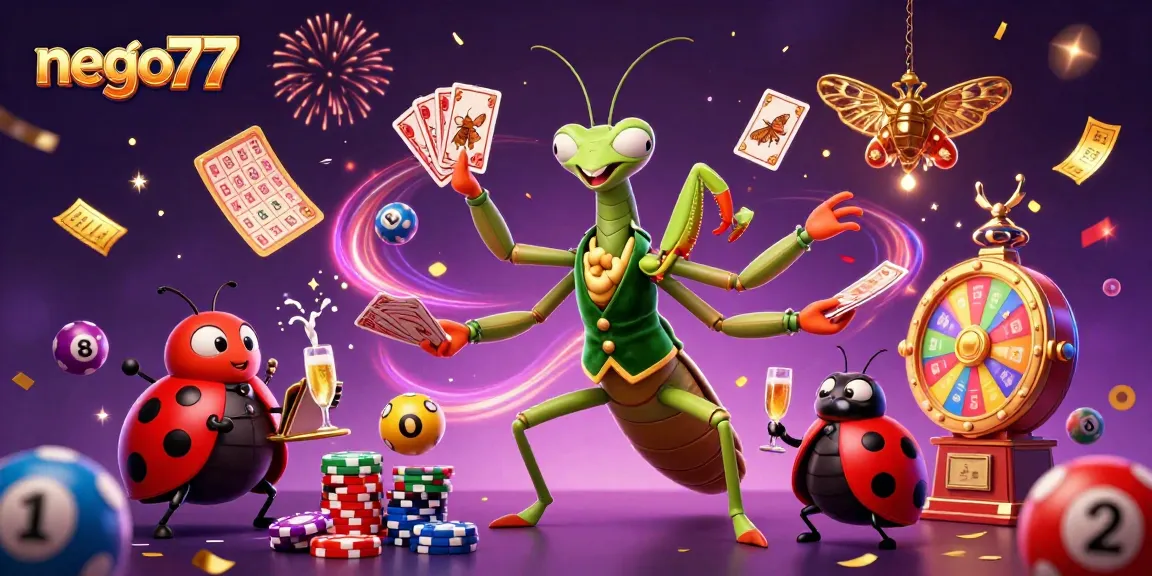 Nego77 offers an immersive gaming experience with a dynamic casino scene featuring colorful lottery elements.