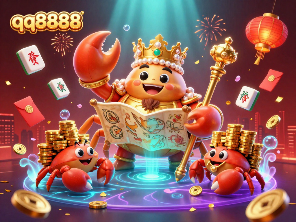Win big at qq8888 with an immersive 3D casino experience featuring a golden crab and vibrant game elements.