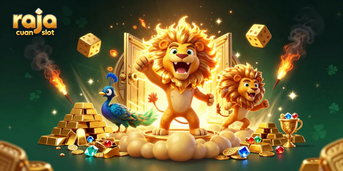 Raja Cuan Slot menampilkan karakter kucing matahari bergaya 3D dengan elemen kasino berkilau dan harta