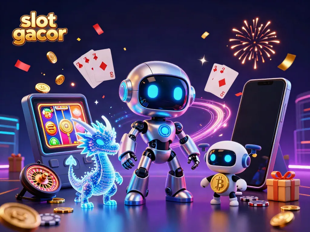 Engage in the thrilling world of slot gacor with a vibrant 3D casino illustration featuring a cyberpunk robot, AI dragon, and bitcoin drone.