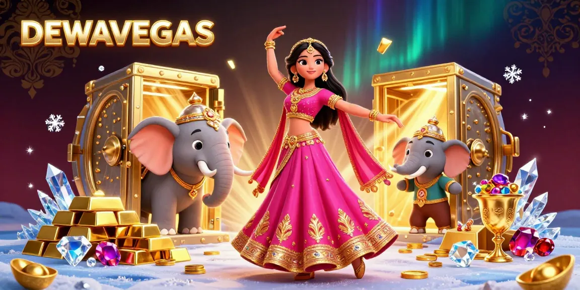 Spin the reels at DewaVegas with an enchanting illustration of a vibrant Asian woman celebrating amidst treasure.