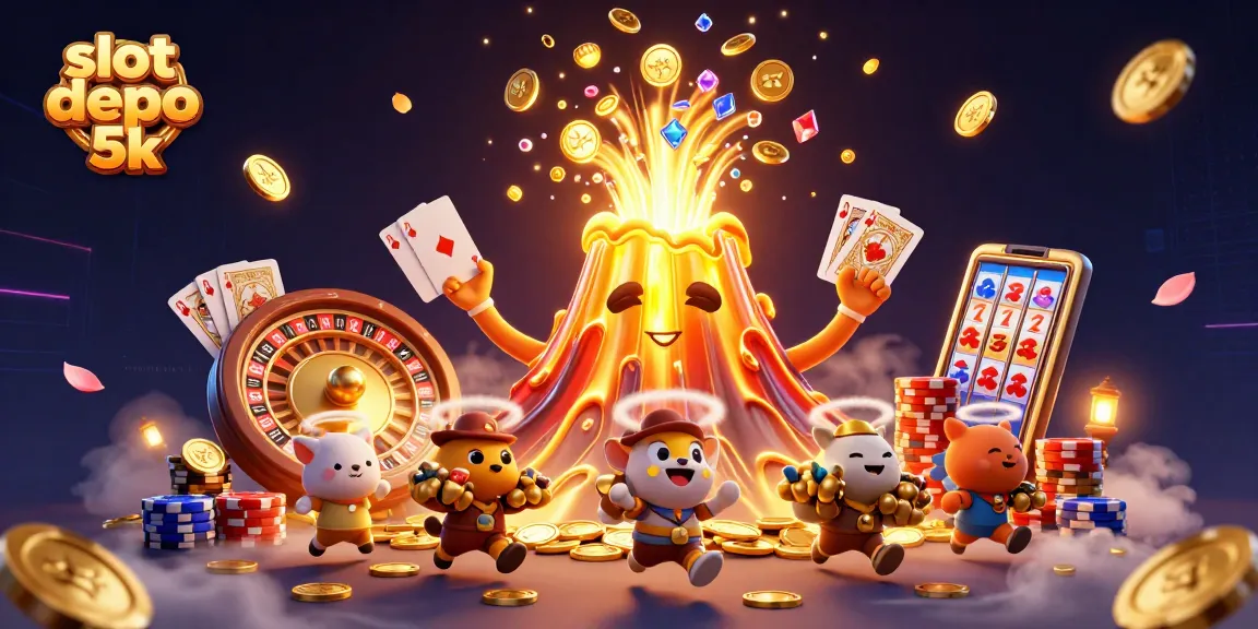 Experience thrilling gameplay with slot depo 5k, featuring a golden volcano erupting treasures and excitement.
