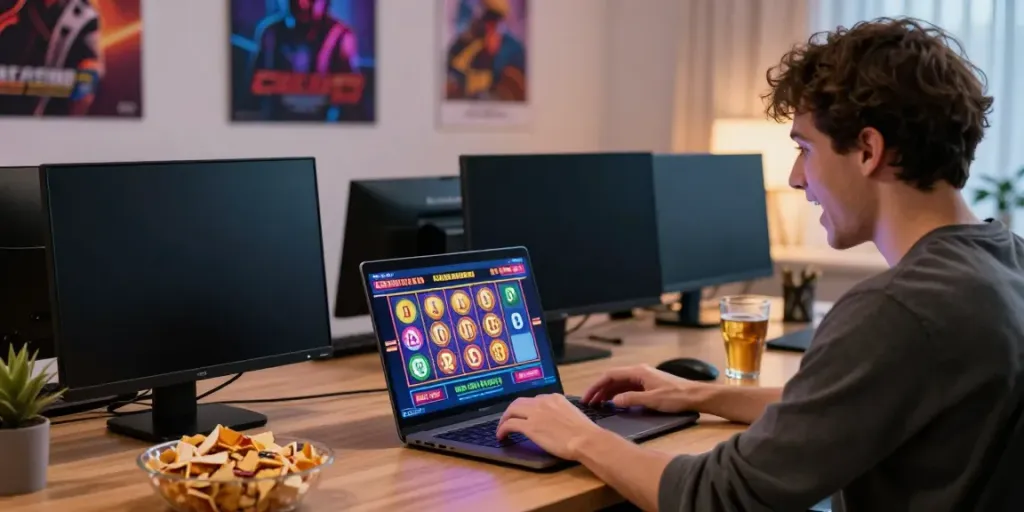 Engaging online gambling scene with user playing akunjp slot machine in modern home office.
