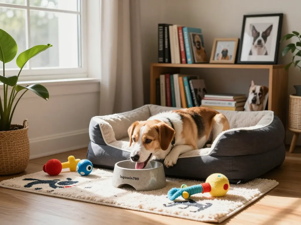 Anjing bahagia menikmati mangkuk hewan peliharaan beton modern lagowin780 di rumah yang nyaman