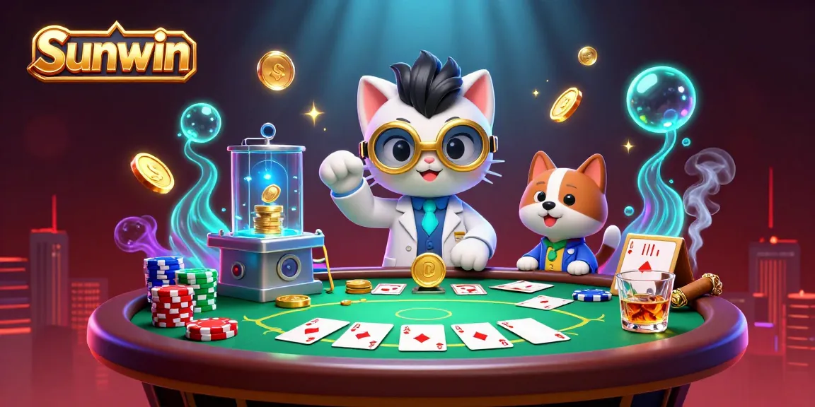Experience exciting gameplay with Sunwin featuring a mad scientist cat and a loyal dog on a vibrant poker scene.