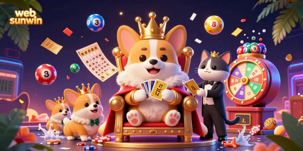 Experience web sunwin with a majestic corgi throne amid vibrant gambling elements.