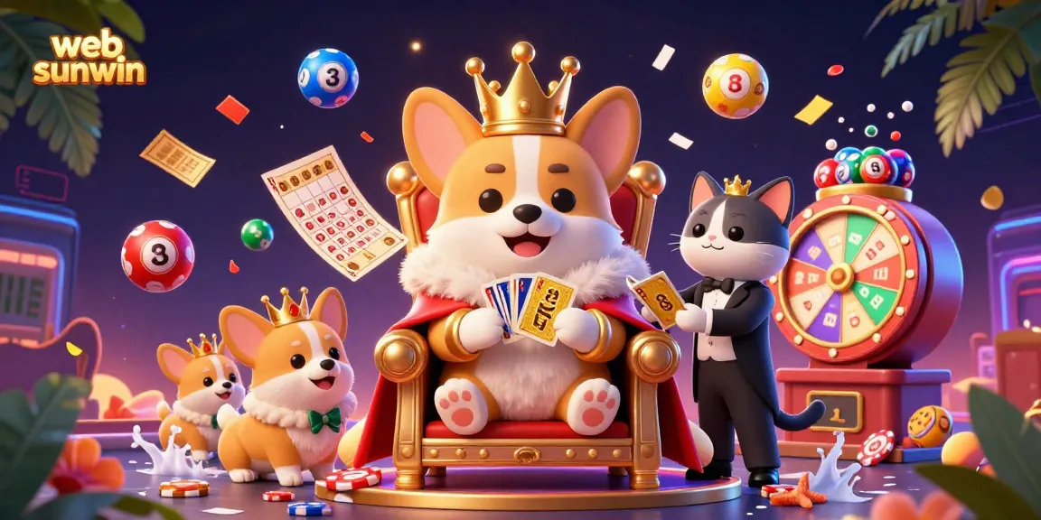 Experience web sunwin with a majestic corgi throne amid vibrant gambling elements.