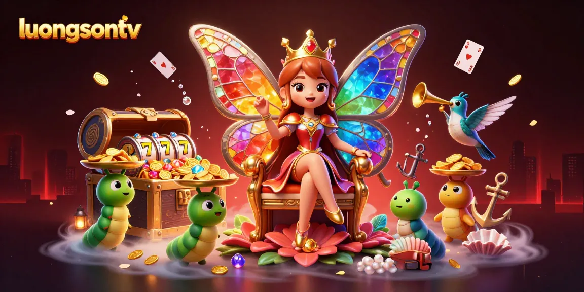 Engage with luongsontv's vibrant butterfly queen, colorful slot reels, and gold treasures in a dynamic casino scene.