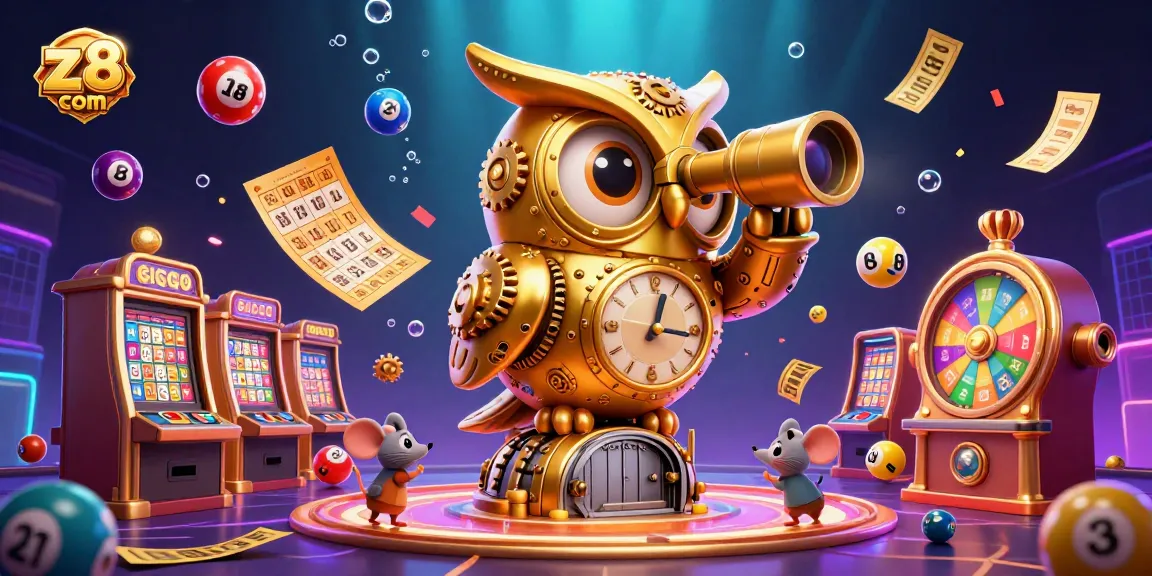 Win big on z8 com's vibrant casino floor featuring a 3D golden owl and exciting game elements.