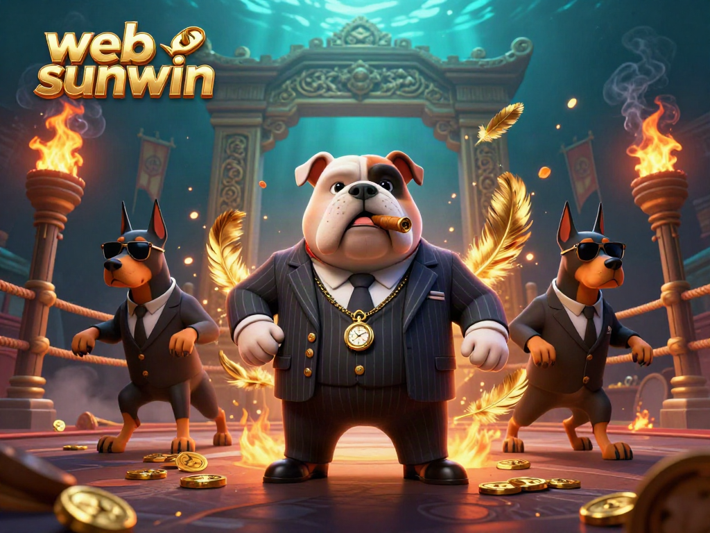 Engage in fun at web sunwin with a 3D cartoon mafia boss bulldog amidst a dynamic casino scene.