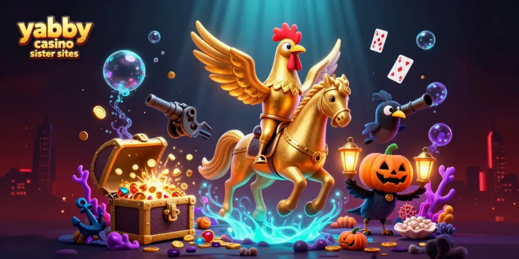 Spin and win at yabby casino sister sites with the golden rooster in a vibrant casino.