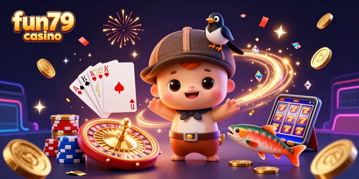 Engaging scene of fun79 casino animated characters celebrating with coins, gems, and casino elements