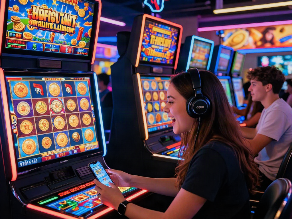 Exciting slot online gaming scene with players celebrating wins on devices.
