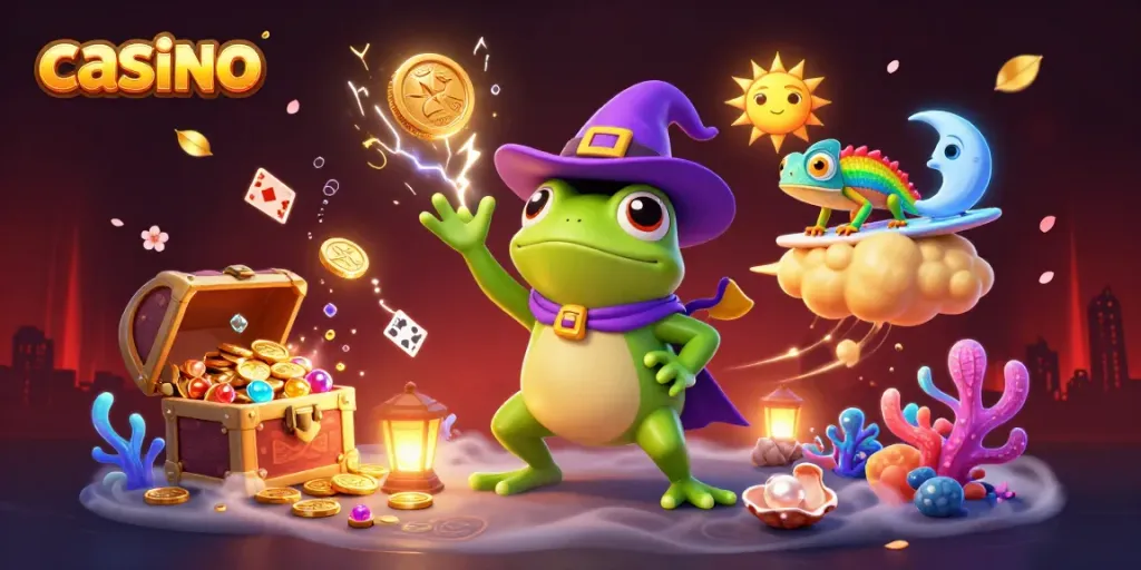 Experience the thrill of casino gaming with a vibrant, whimsical illustration featuring a wizard frog and chameleon.