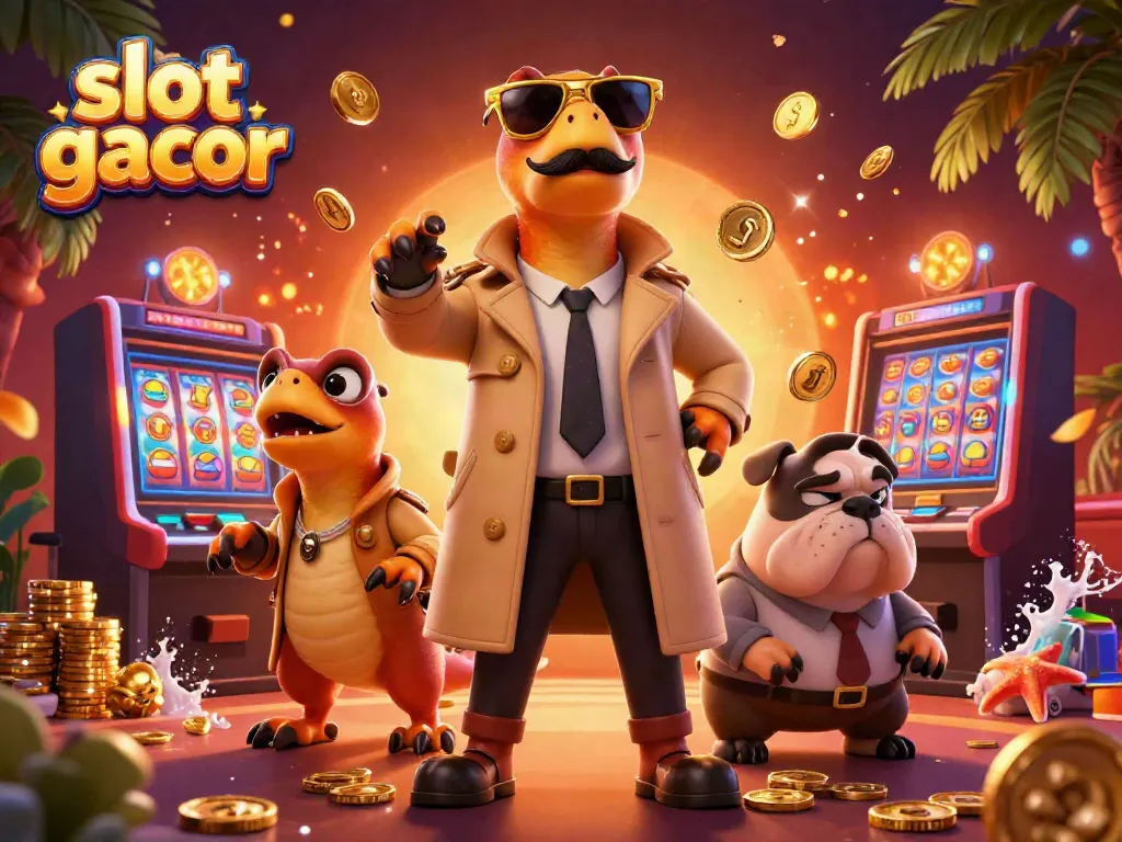 Three raptors in a trench coat attempting to enter a VIP casino, showcasing slot gacor elements.