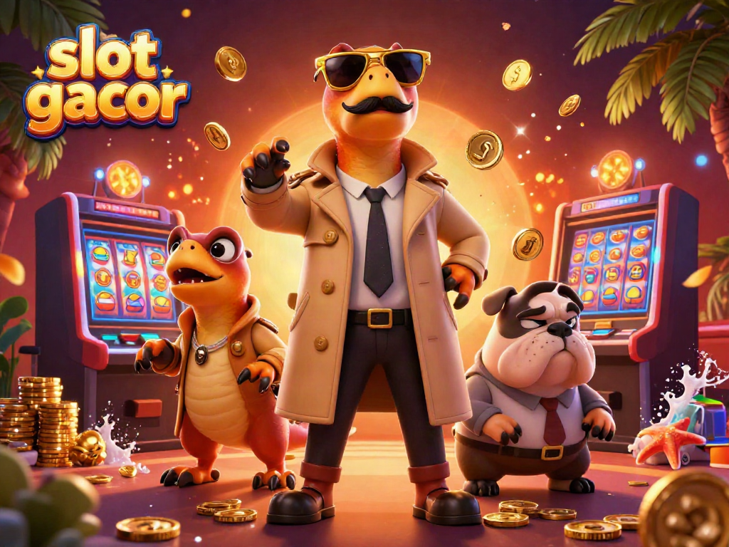 Three raptors in a trench coat attempting to enter a VIP casino, showcasing slot gacor elements.